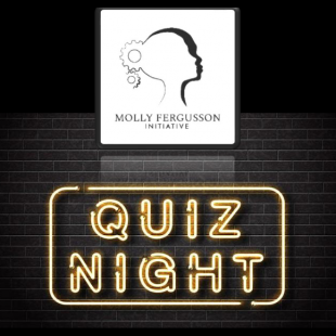 Molly Fergusson Initiative logo above neon sign text "QUIZ NIGHT" on black background